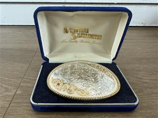 VTG MONTANA SILVERSMITH'S SILVER PLATED ENGRAVED BELT BUCKLE
